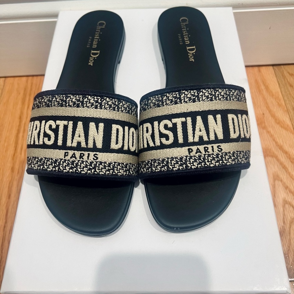 Christian Dior Dway Slide Deep Blue Embroidered Cotton - Size 37.5